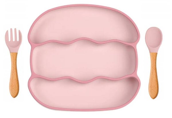 3-Vaks Babybord Geribbeld – Met Houten Bestek – Roze – BPA-vrij