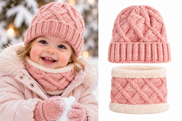 Set muts colsjaal baby - kind - 6-18 mnd - roze wit - dubbele voering