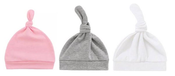 3 pack - newborn babymutsjes met knoop - effen roze - pasgeboren baby muts