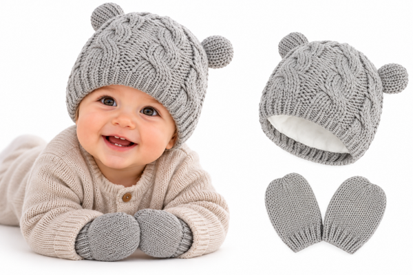 Baby Muts en Wanten Set – Grijs – Beertje – Katoenen Voering