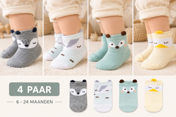 Babysokjes met 3D Diertjes – 4 Paar – Schattige Babysokken met Oortjes – Katoen – Unisex – 6-24 Maanden