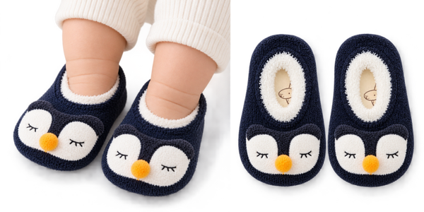 Zachte schattige fleece fluffy pinguïn- blauw anti-slip sokjes / slofjes - rekbaar | Baby 4-12 maanden