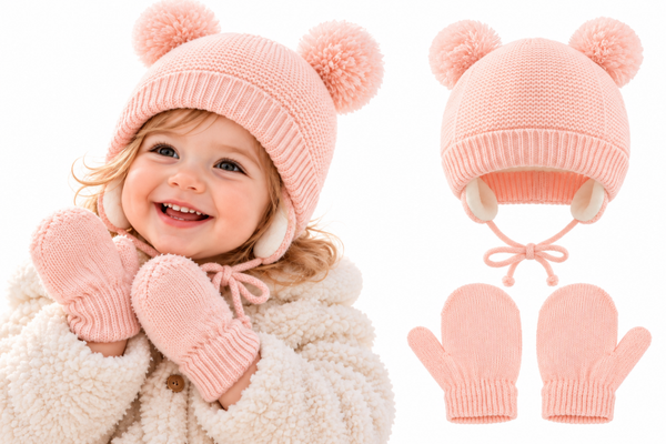 Set Muts (met voering) beren oortjes met oorwarmer en wanten - Roze - 1-3 jaar