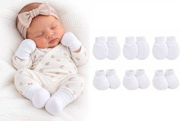 Baby Krabwantjes en Slofjes – 6-delige Newborn Set – 3 Paar Wantjes & 3 Paar Slofjes – Wit