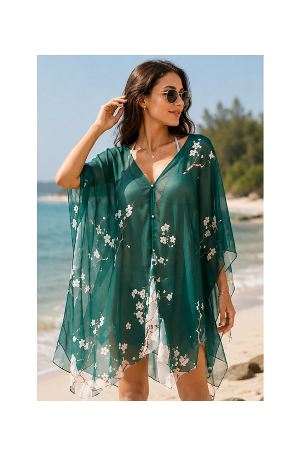Dames Zomer Poncho - Sjaal - Groen Bloesem Print - Maat S/M