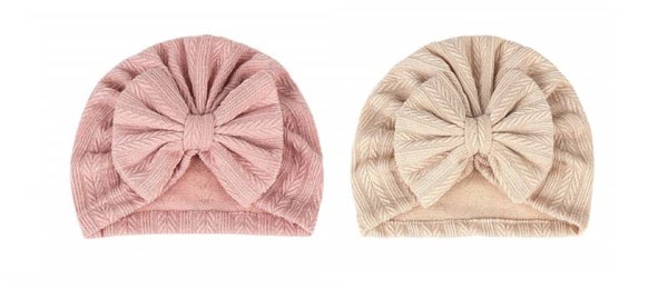 2 Stuks - Meisjes Tulband Babymutsjes - Grote Strik - Roze Beige - 1-6 maanden