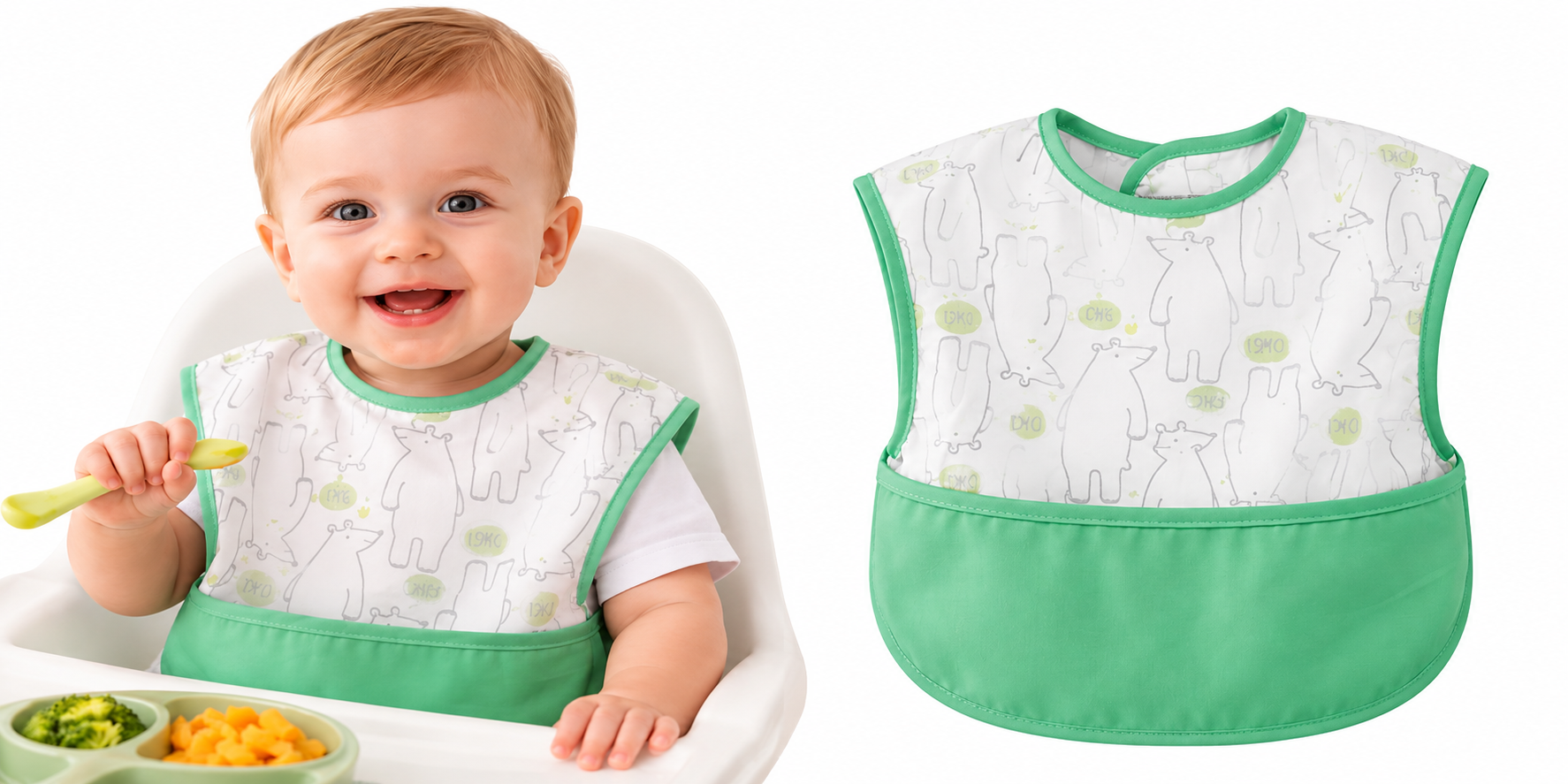 Slabbetje Baby & Dreumes – Korte Mouwen – Beren Groen – Waterproof – 0-2 Jaar