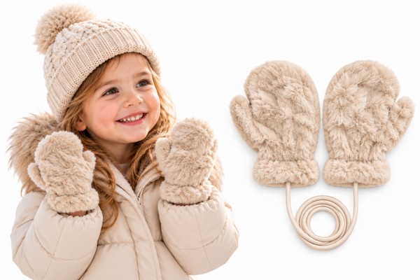 Pluchen Wanten met Teddy Voering met Koord - 3-5 jaar - Lichtbruin