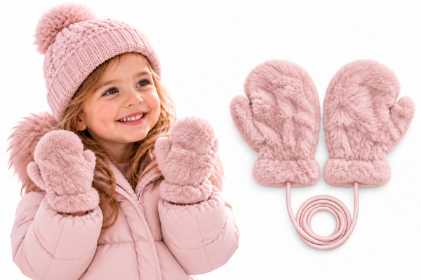 Pluche Wanten met Teddy Voering – Kinderwanten met Koord – 3-5 Jaar – Zacht & Warm – Roze