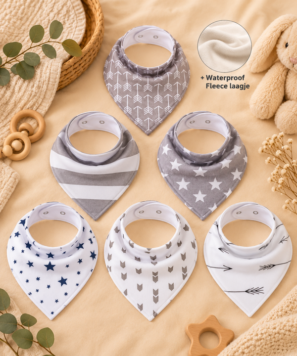 6x Baby Bandana Slabbetjes met Pijltjes Sterren – Grijs/Wit – Waterproof Fleece – Verstelbaar – 28 x 42 cm