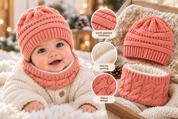 Setje muts colsjaal voering baby kind - Roze - 3-12 mnd