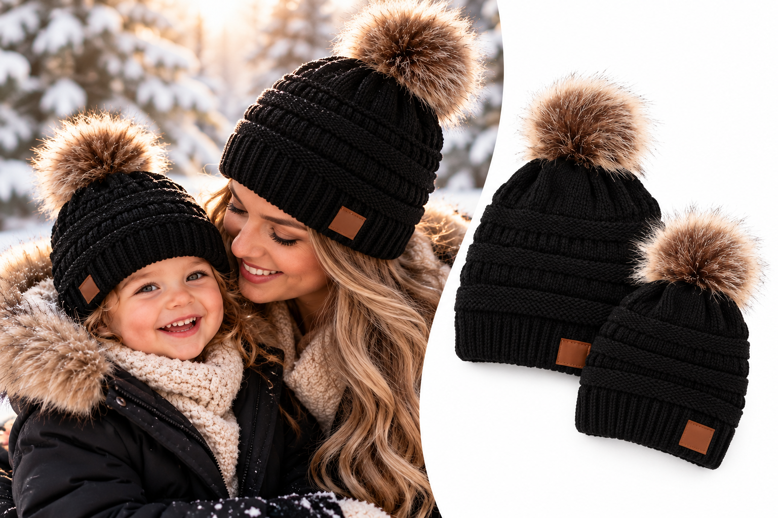 Matching ouder kind (2&3 jaar) muts met pompom Zwart - met fleece voering