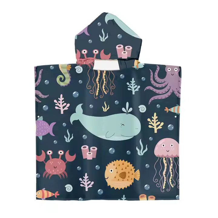 Microfiber Poncho Kind met Capuchon - Strandponcho - Zeedieren - 4 t/m 7 jaar