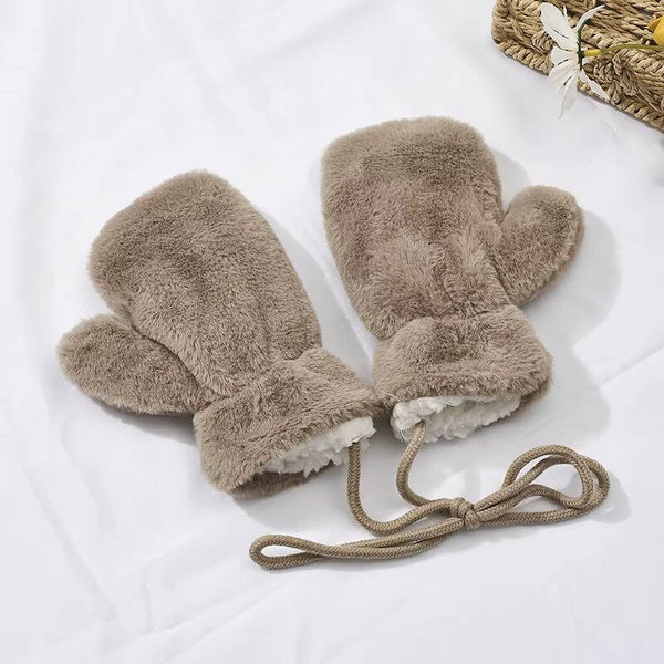 Pluchen Wanten met Teddy Voering met Koord - 3-5 jaar - Bruin
