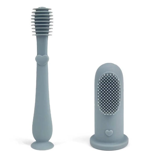 Silicone Baby Vinger Tandenborstel & Tandenborstel/ Tongschraper met Zuignap – Blauw – Vanaf 6 Maanden