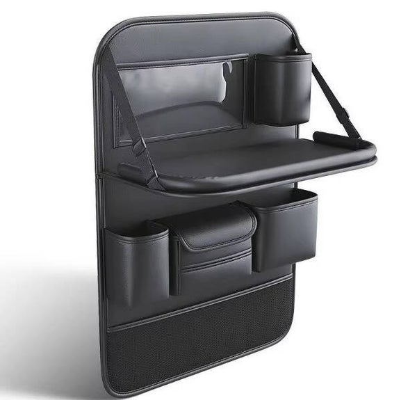 Auto Organizer met Uitklapbare Tafel – PU Leer – Rugleuning Opberger met Mesh Vak & Bekerhouders – Kinder Tafeltje voor Achterbank – Zwart – 64x45 cm