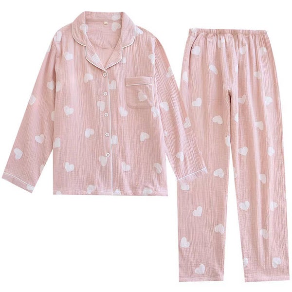 Dames Pyjama Set met Lange Mouwen – Maat S/M - Hydrofiel Katoen – Hartjes