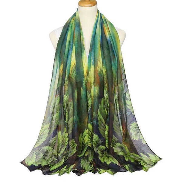 Groene Bladprint Sjaal 180x80 cm – Elegante Dames Sjaal met Natuurdesign van Polyester