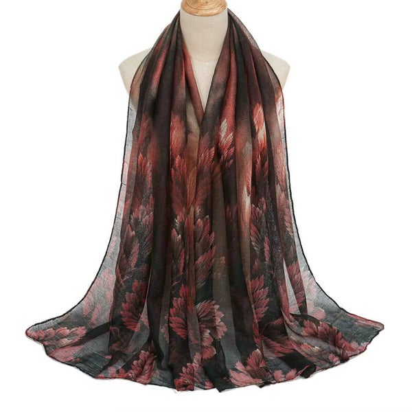 Donkerrode Bladprint Sjaal 180x80 cm – Elegante Dames Sjaal met Warme Herfsttinten van Polyester