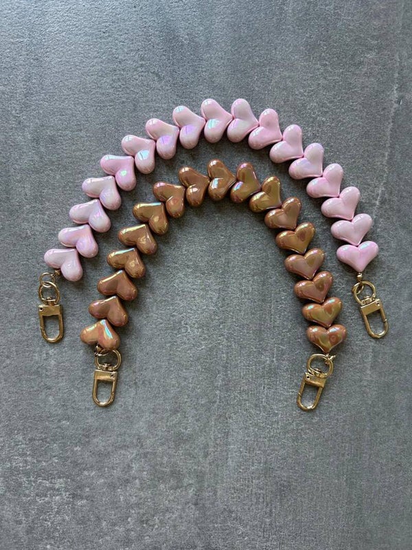 Telefoonkoord Hartjes Set van 2 – Telefoonhanger Smartphone – Roze & Bruin – Kunststof Kralen – Polskoord voor Telefoonhoesje – 32 cm