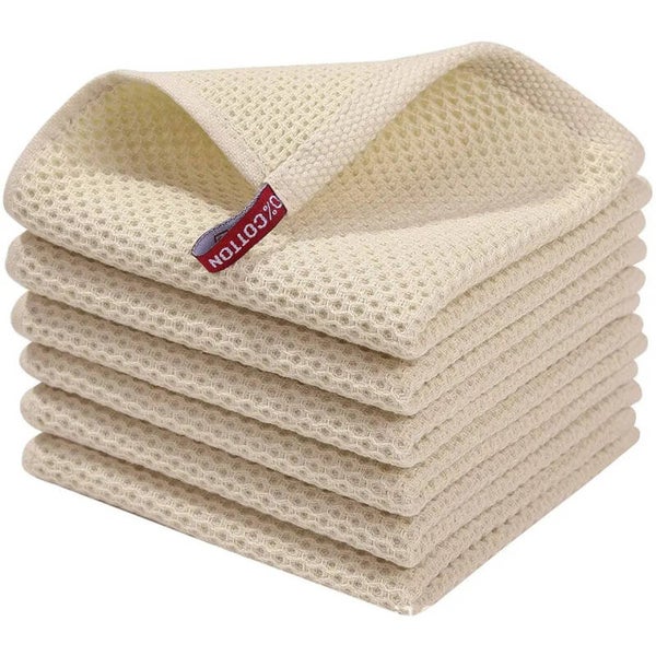 6 Stuks - Theedoeken Beige Crème - Vaatdoeken - Wafel - 30x30 cm