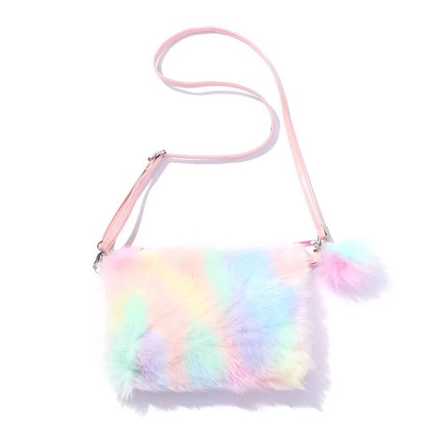 Meisjes Schoudertas - Regenboog Roze Geel Blauw met Pompom