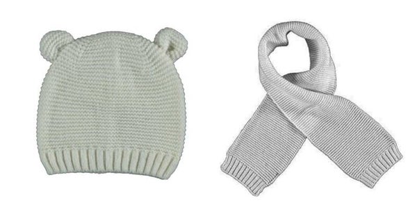 Set muts (met voering) sjaal beren oortjes Off-White 3-6 mnd t/m 1-2 jaar