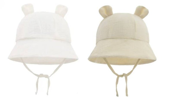 2 Stuks - Hydrofiele Baby Zonnehoedjes met Beren oortjes - Wit Beige - Maat 48 (6-24 mnd)