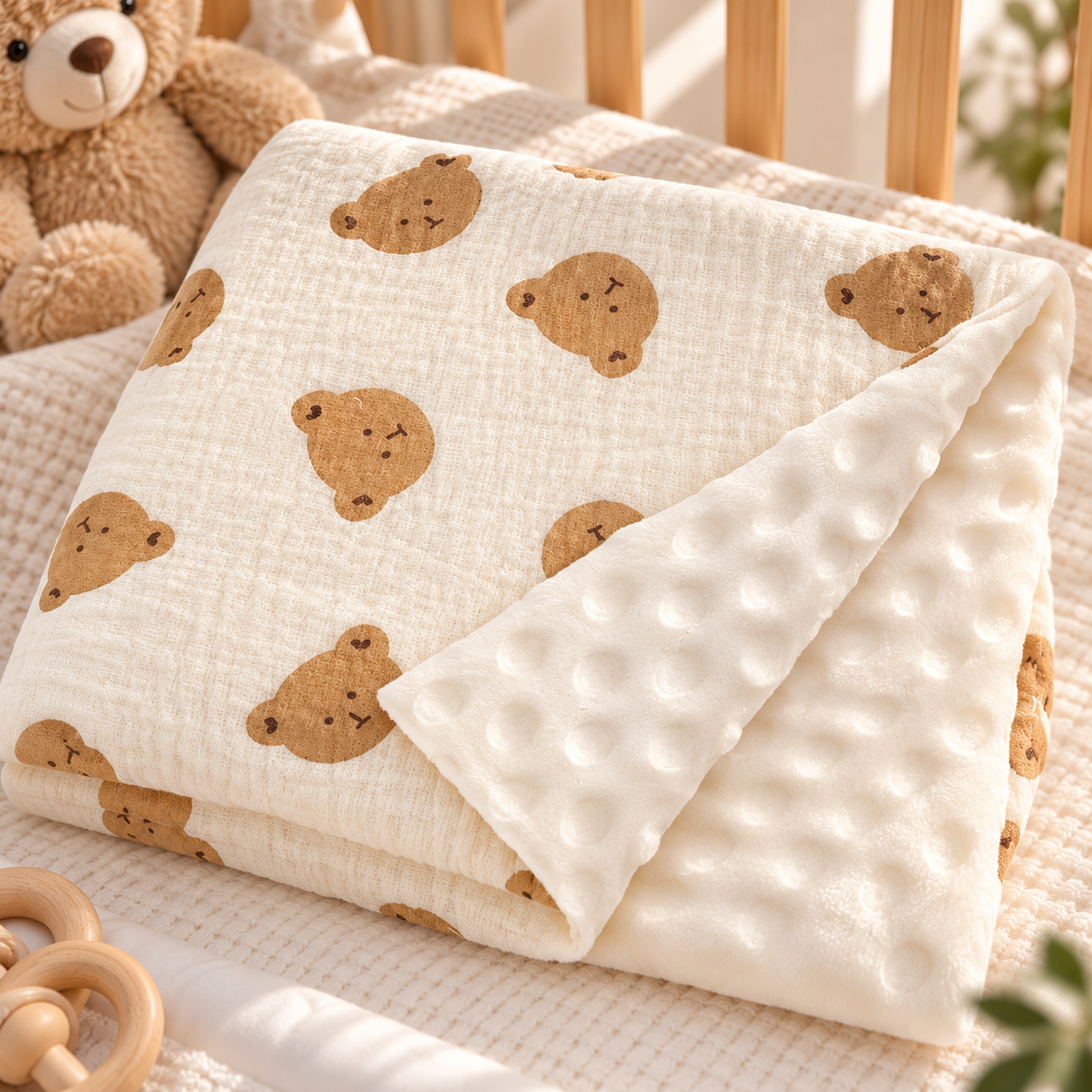 Hydrofiel Baby Dekentje Teddy Beertjes - Zachte Velvet Voering - 70x100 cm