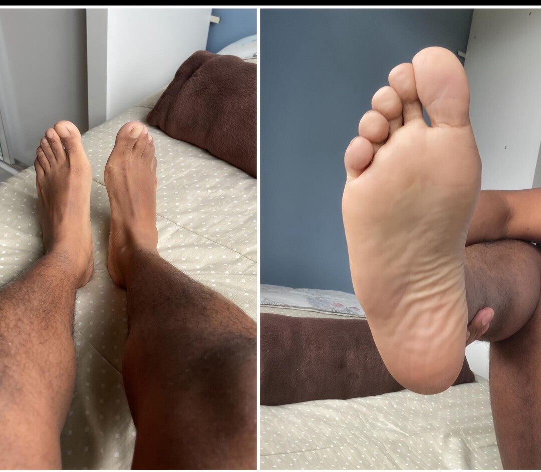 Collage of man's barefoot. First image showing off top of toes and feet, second image showing off smooth groomed sole up close.