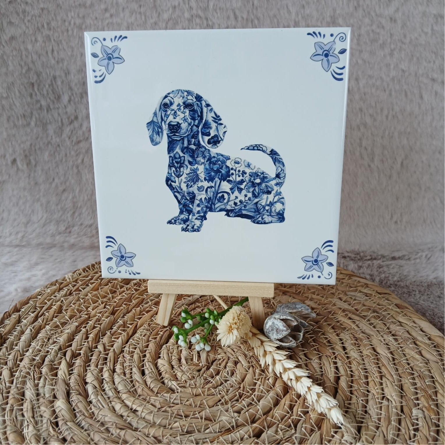 Delfts blauw tegeltje; Teckel