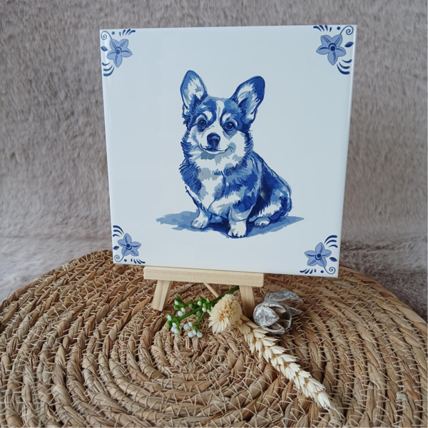 Delfts blauw tegeltje; Corgi