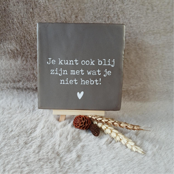 Tekst tegel; Je kunt ook blij zijn met wat je niet hebt!