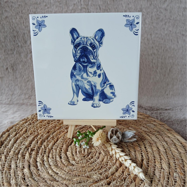 Delfts blauw tegeltje; Franse bulldog