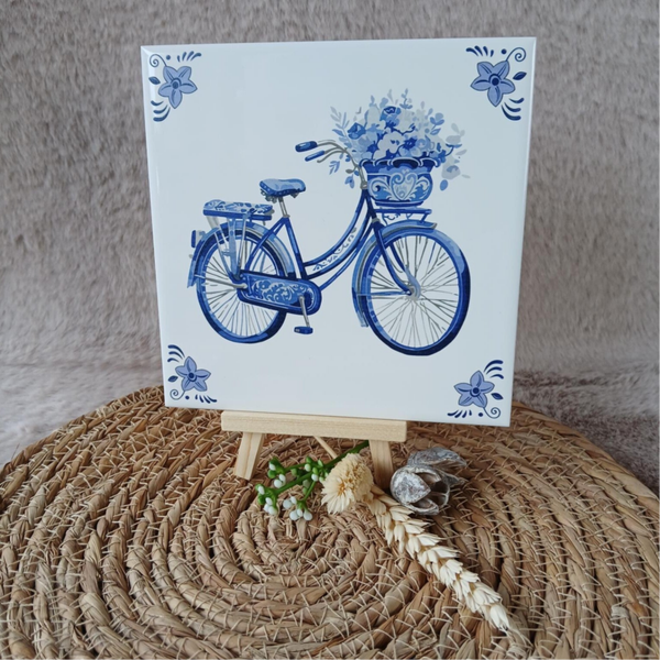 Delfts blauw tegeltje; Fiets