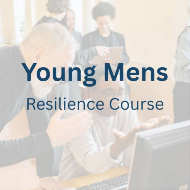 A minimalist graphic with the words "Young Men's Resilience Course" written in a clean, bold font. The text is prominent and centered, set against a modern background that conveys a sense of strength and growth.