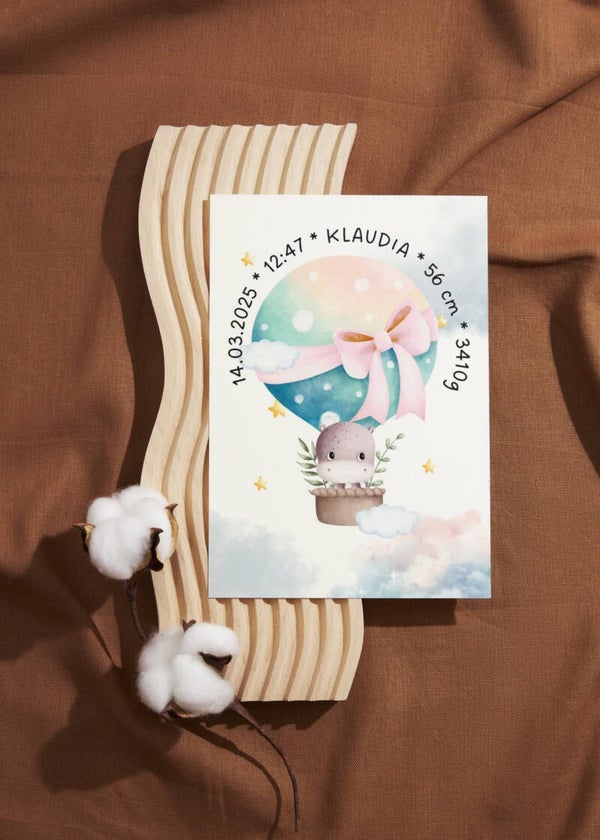 Personalizowana metryczka narodzin – Balon z uroczym hipciem | A4 / A5