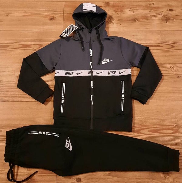 Kids Charcoal grey / Black Full Zip Hooded Tracksuits