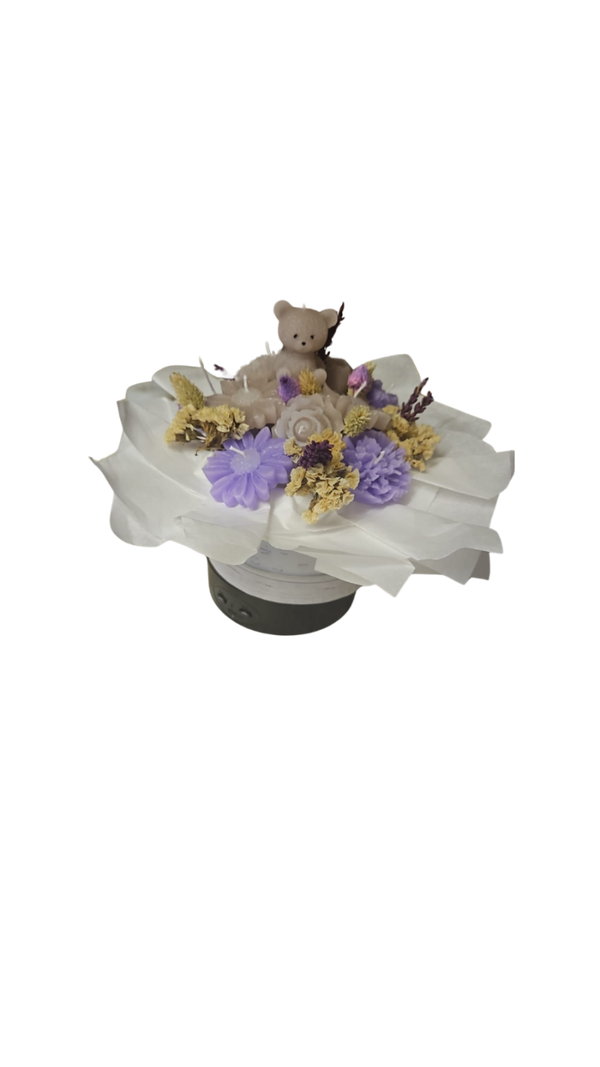 wax flower bouquet with teddy bear