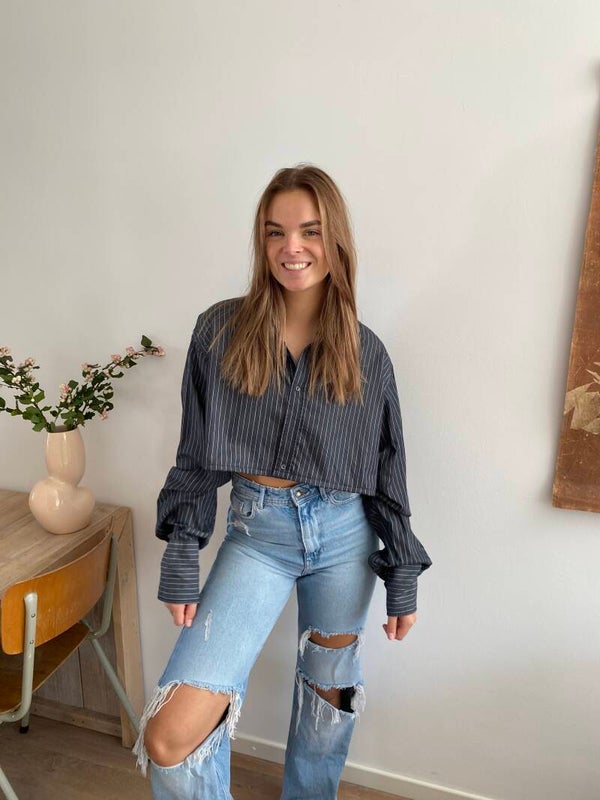 Vintage blouse grey gestreept