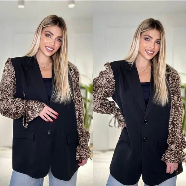 Blazer black leopard met strik mouwen