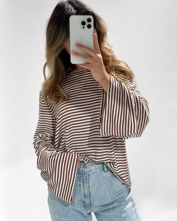 Britt top bruin/ beige gestreept