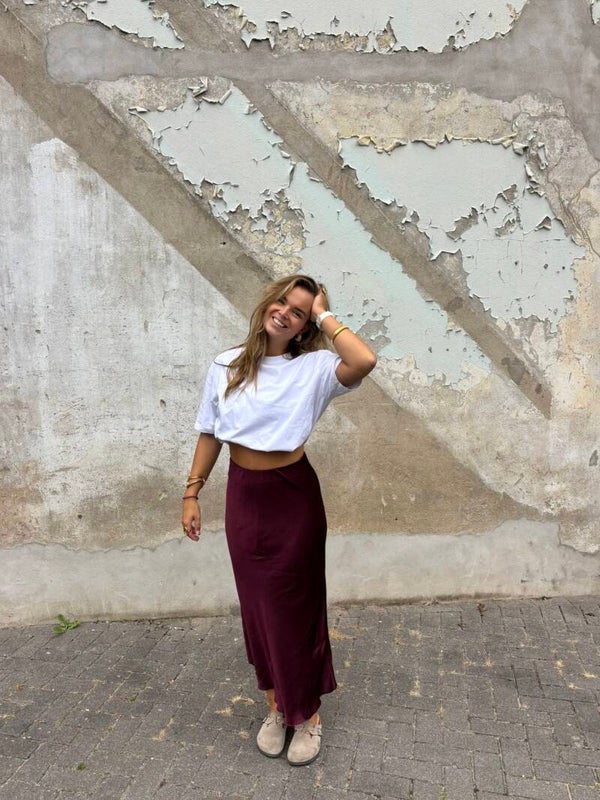 Wine Satin Maxi Skirt