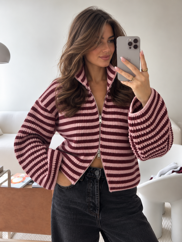 Striped Zip Knit – Burgundy/Pink