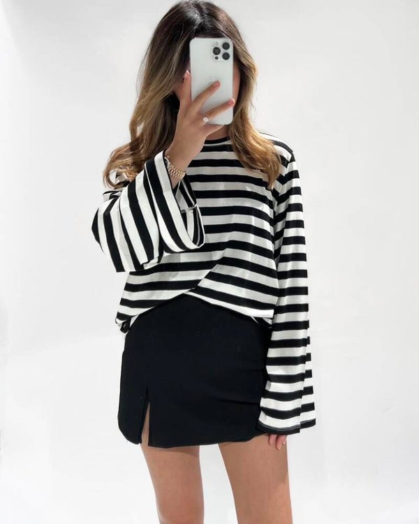 Britt top black/beige gestreept