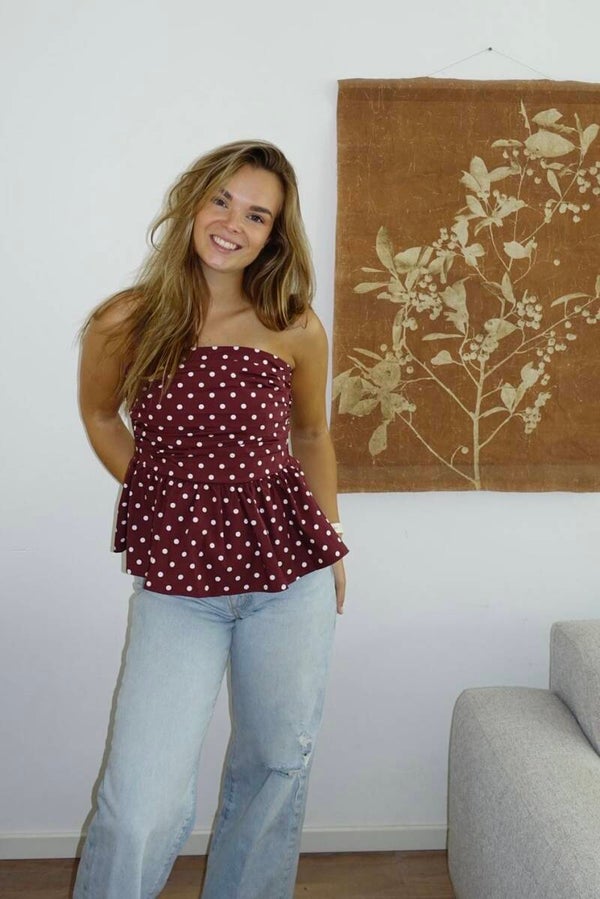 Wine red Dots Strapless Peplum Top