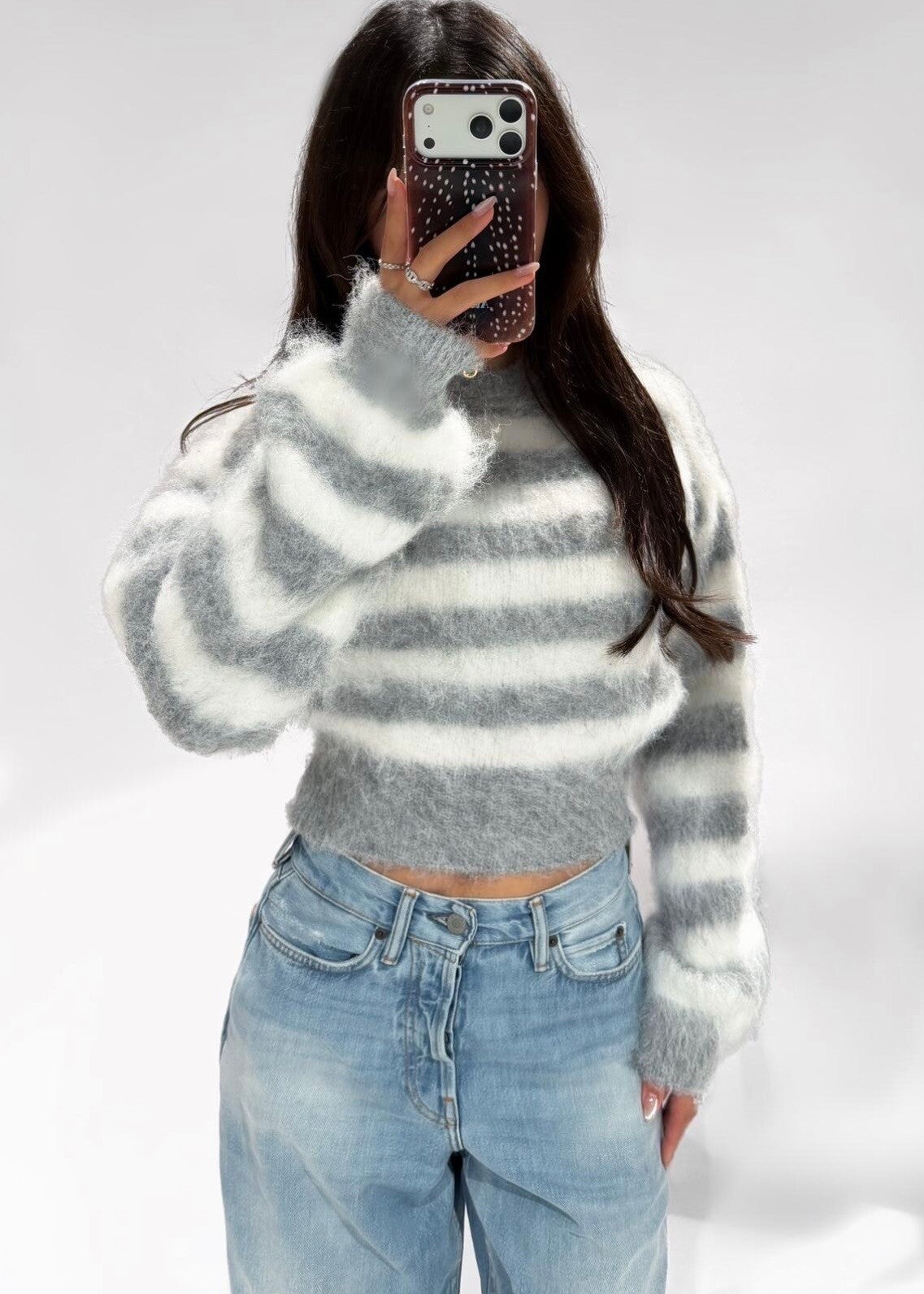 Fluffy Stripe Sweater – Grey