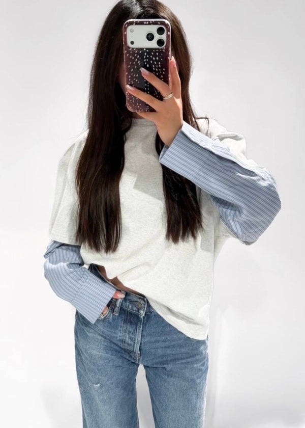 Layered Stripe Tee – Light Grey