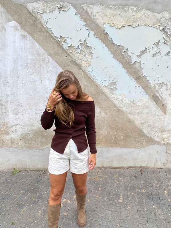 Off Shoulder Rib Top bruin
