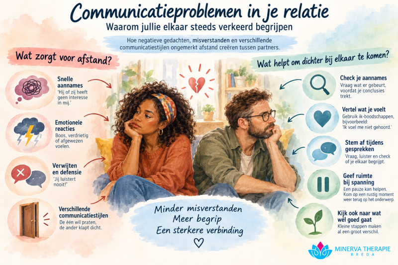 Infographic over communicatieproblemen in relaties, met een divers stel en praktische tips om misverstanden, negatieve gedachten en verwijten te doorbreken. Minerva Therapie Breda.